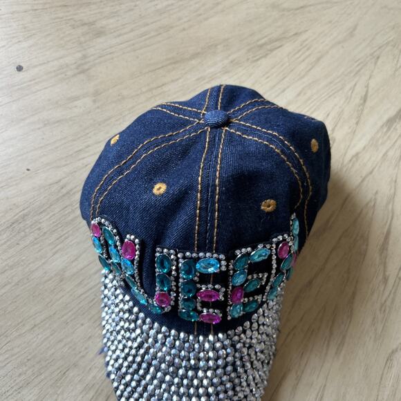 Rhinestone Baseball Hat Blue Denim with Studs Distressed Bling Cap “Queen” Y2K - Picture 6 of 13
